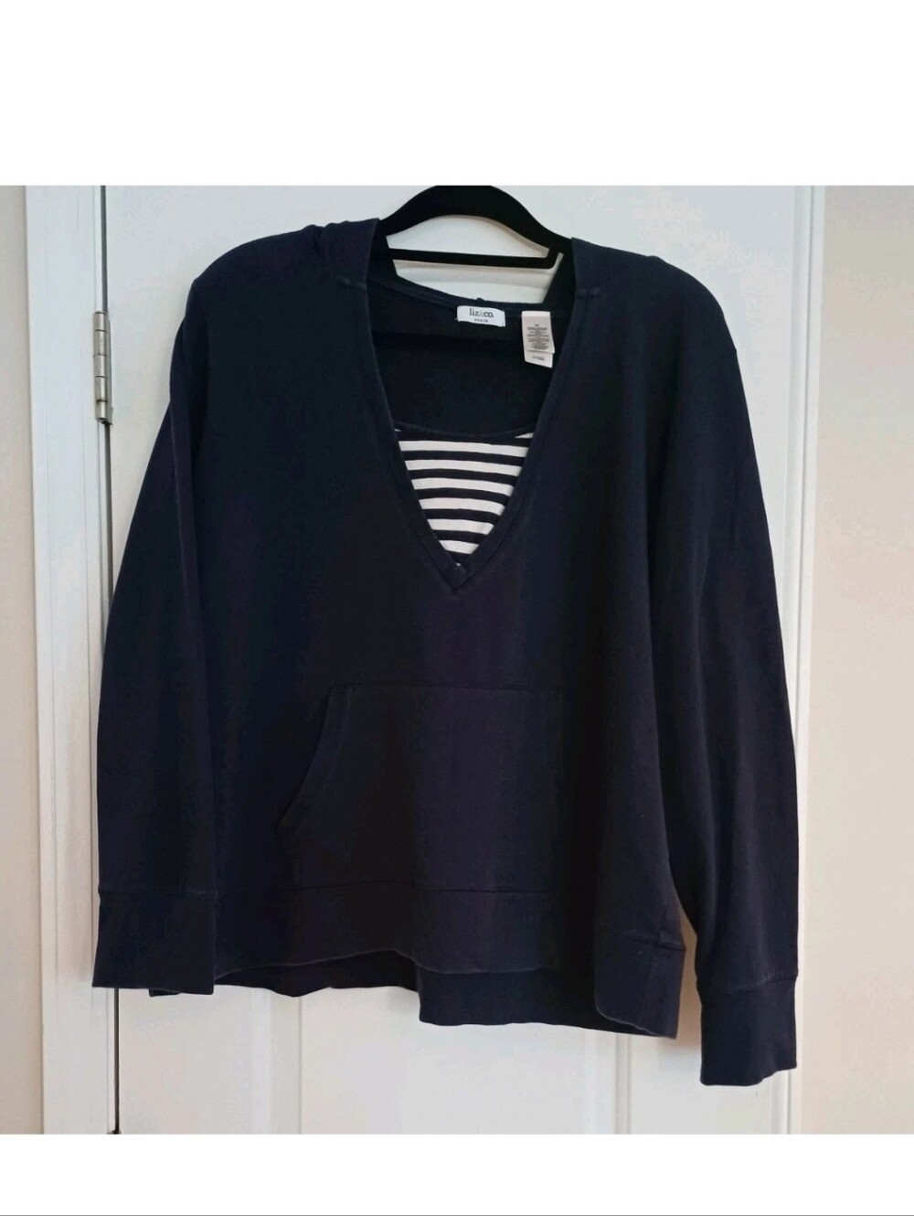 Liz&Co Navy V-Neck Hooded Sweatshirt with Striped Inset 3X